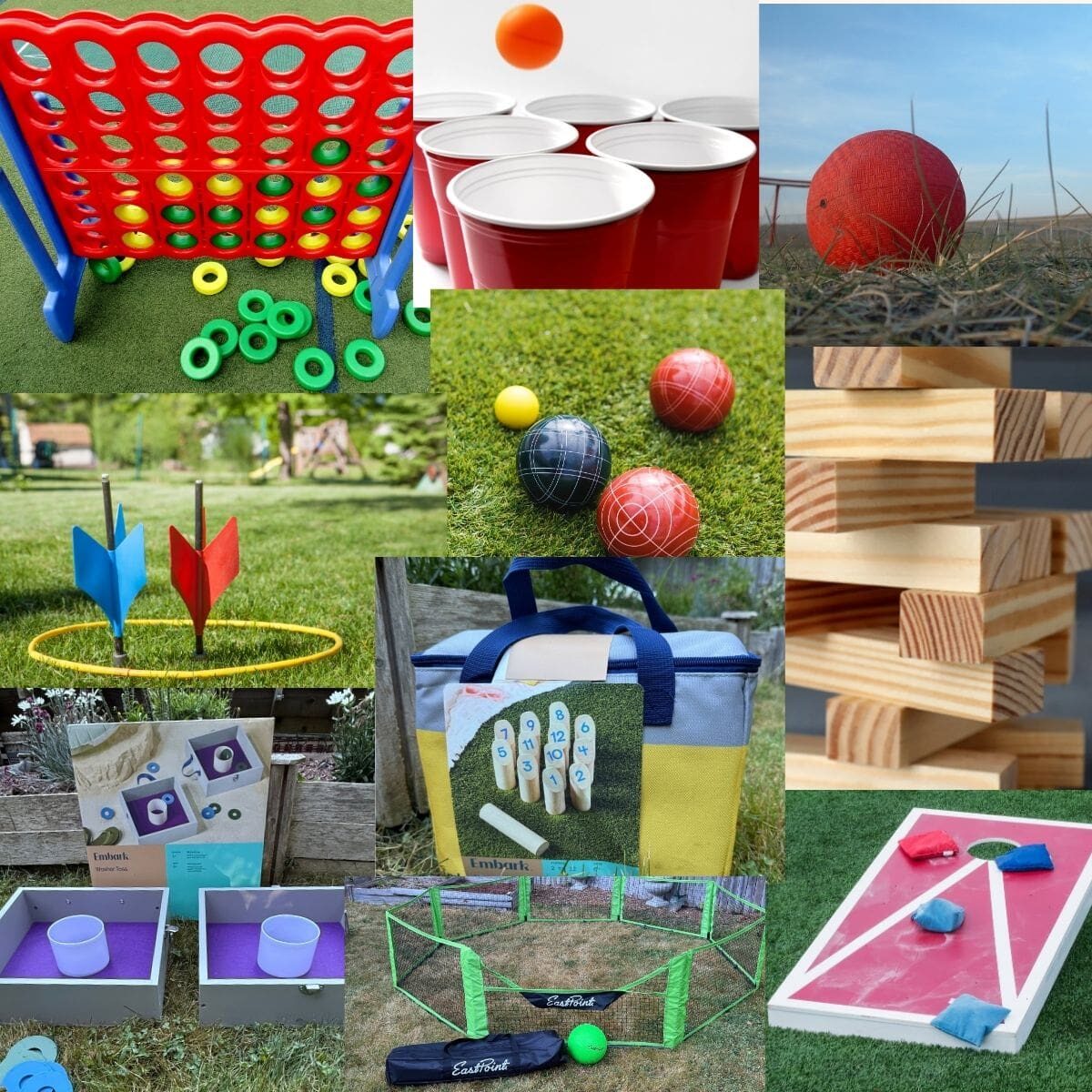 Outdoor lawn game rentals including cornhole, bocce, and connect-style games set up for beach or backyard gatherings in coastal Maine