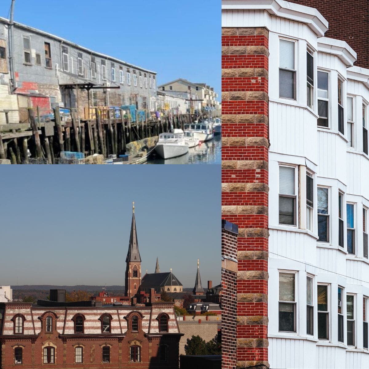 Historic brick buildings and waterfront architecture in Portland Maine’s Old Port, featured in a self-guided walking tour of the city’s architectural landmarks