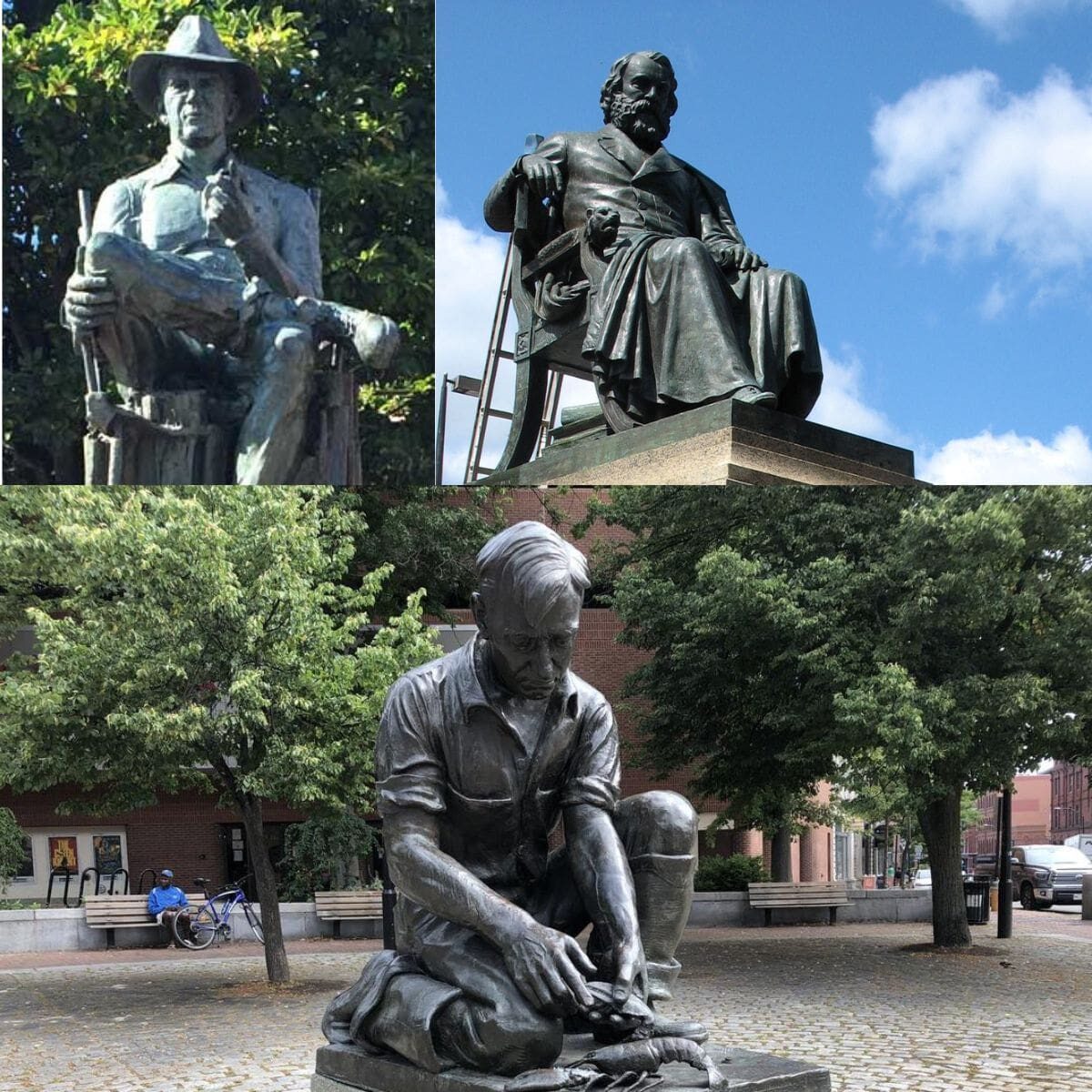 Historic statues and monuments in Portland Maine including Henry Wadsworth Longfellow, the Maine Lobsterman, and John Ford, featured in a self-guided walking tour of Portland’s cultural landmarks