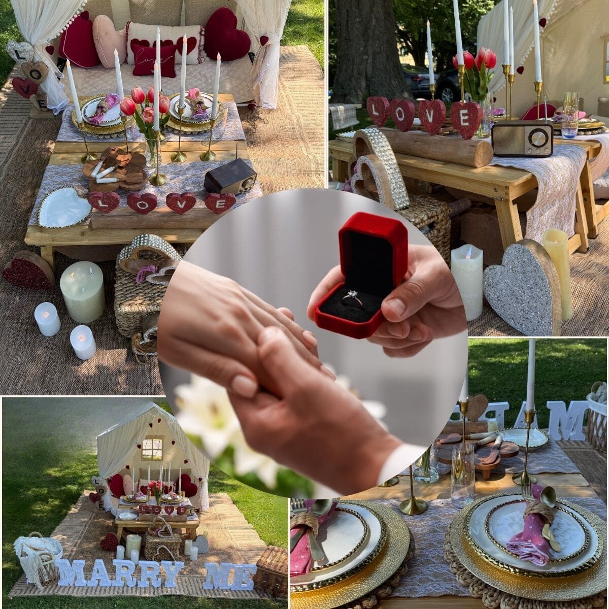 Romantic beach proposal setup in Maine with candles and floral decor
